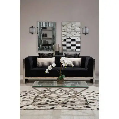 Silver Reflective Stainless Steel Coffee Table with Clear Tempered Glass Top, Allure
