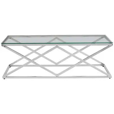 Silver Reflective Stainless Steel Coffee Table with Clear Tempered Glass Top, Allure