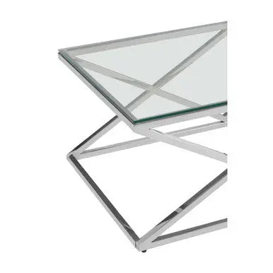 Silver Reflective Stainless Steel Coffee Table with Clear Tempered Glass Top, Allure