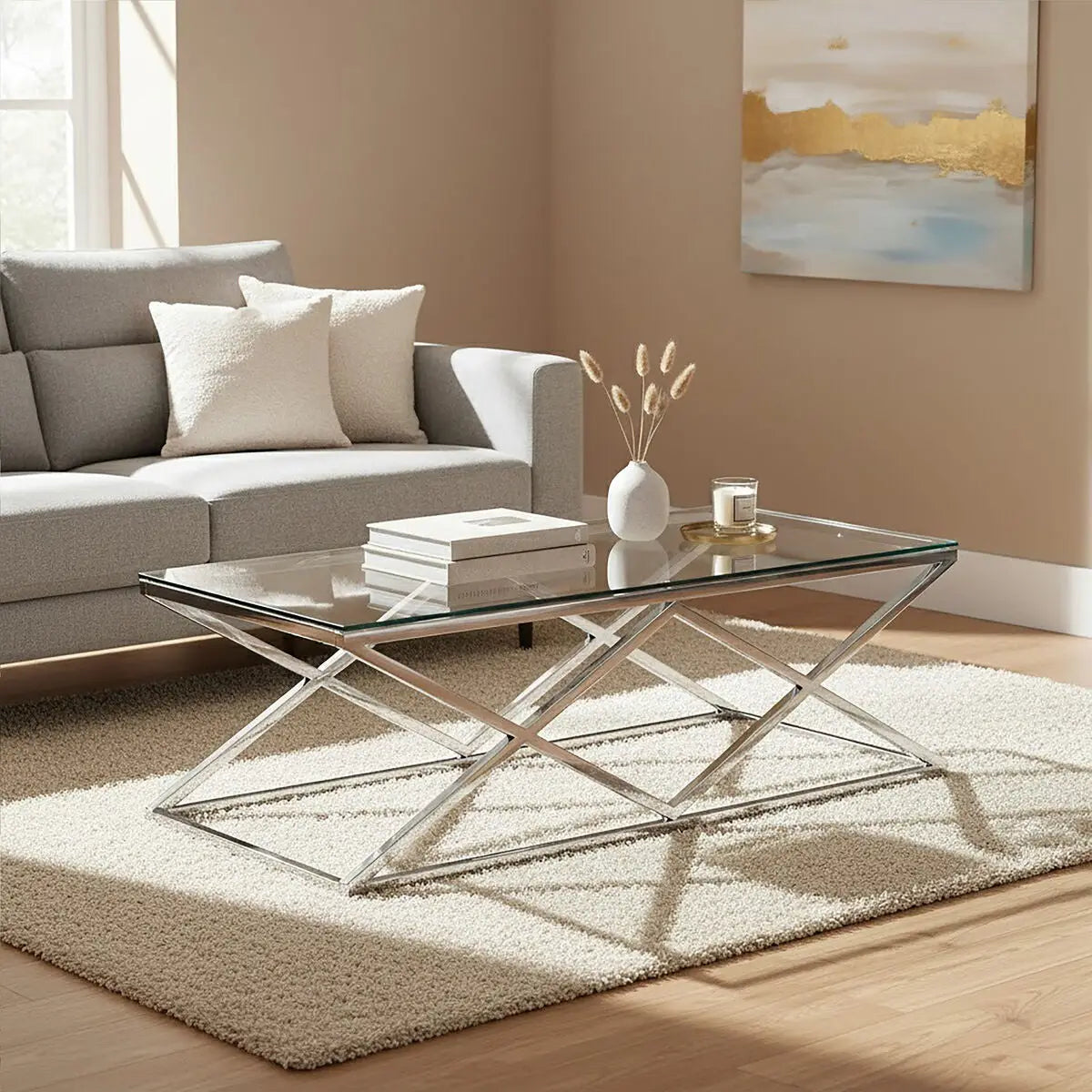 Silver Reflective Stainless Steel Coffee Table with Clear Tempered Glass Top, Allure