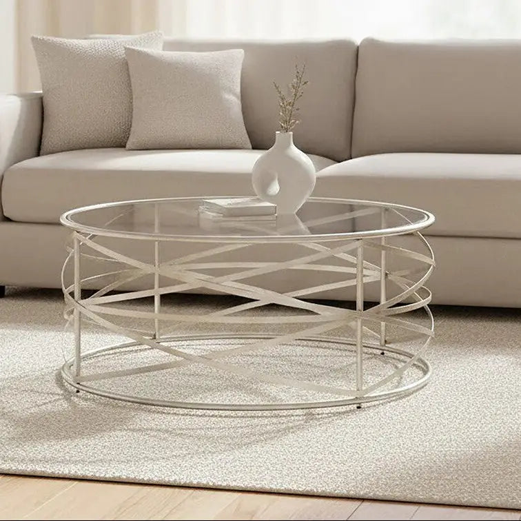 Silver Round Coffee Table with Clear Tempered Glass, Rubia