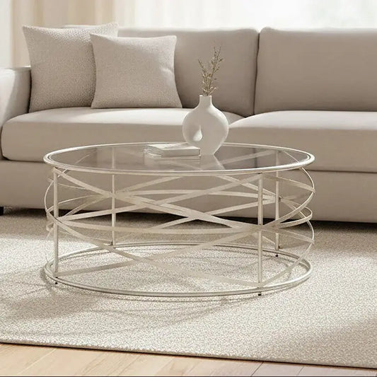 Silver Round Coffee Table with Clear Tempered Glass, Rubia