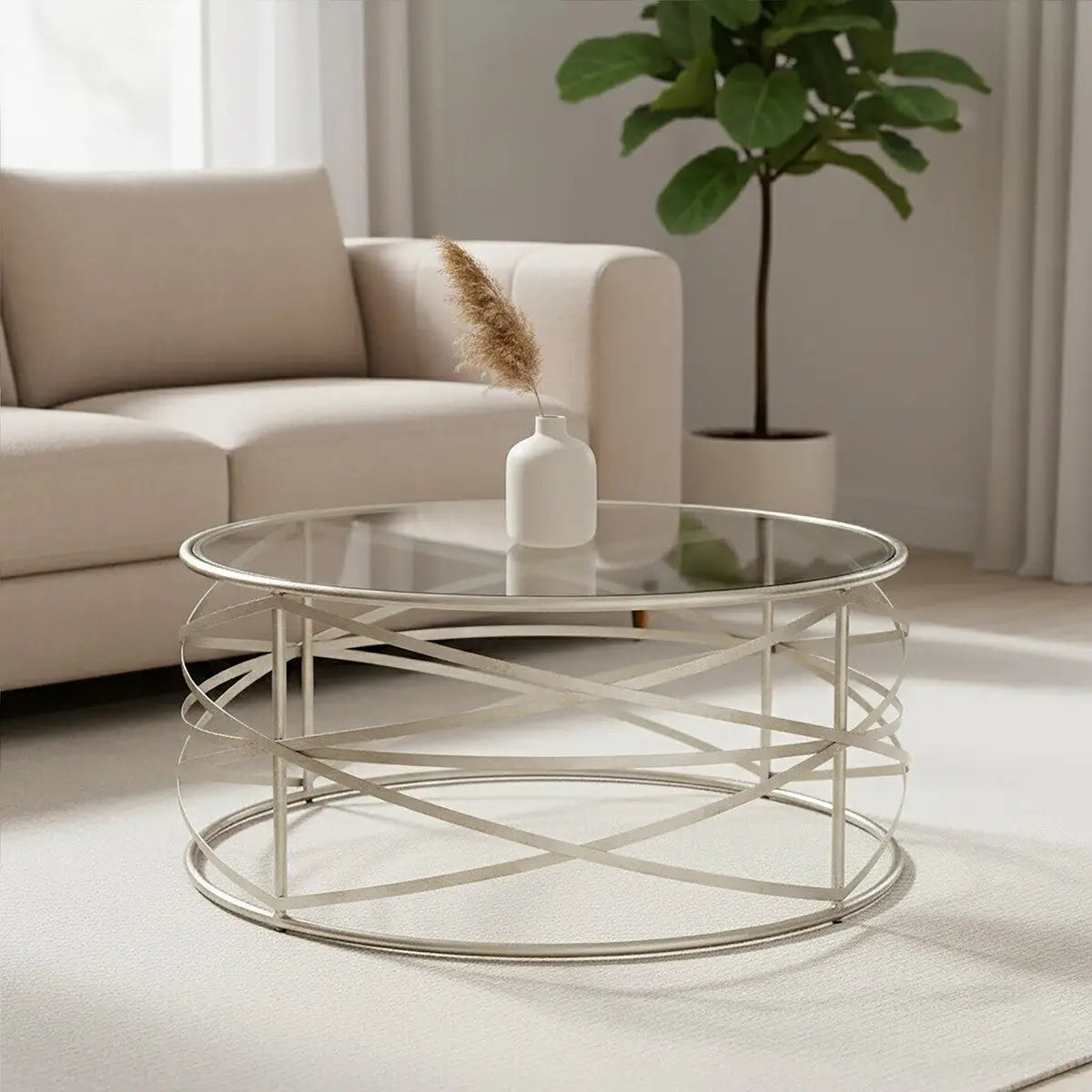 Silver Round Coffee Table with Clear Tempered Glass, Rubia