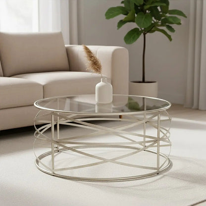 Silver Round Coffee Table with Clear Tempered Glass, Rubia