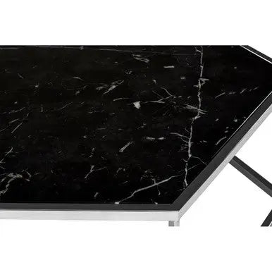 Silver Stainless Steel Frame Hexagon Coffee Table with Black Marble Top, Piermount