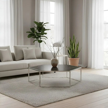 Silver Stainless Steel Frame Hexagon Coffee Table with Black Marble Top, Piermount