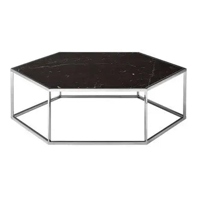 Silver Stainless Steel Frame Hexagon Coffee Table with Black Marble Top, Piermount