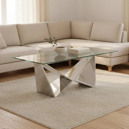 Silver Stainless Steel Wing Base Coffee Table with Clear Glass Top, Allure