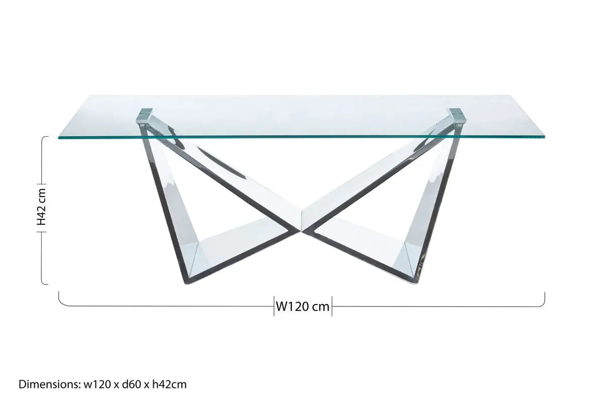 Silver Stainless Steel Wing Base Coffee Table with Clear Glass Top, Allure