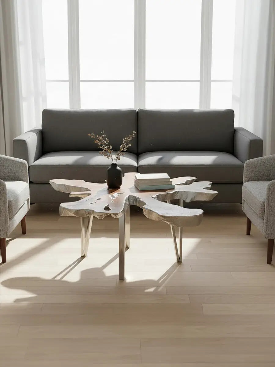Silver Teak Wood Star Top Coffee Table with Steel Legs, Surak