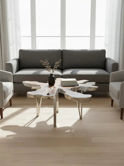 Silver Teak Wood Star Top Coffee Table with Steel Legs, Surak