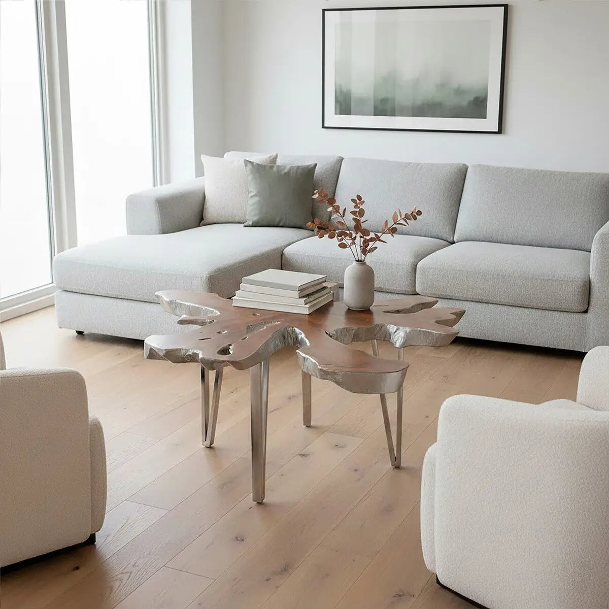 Silver Teak Wood Star Top Coffee Table with Steel Legs, Surak