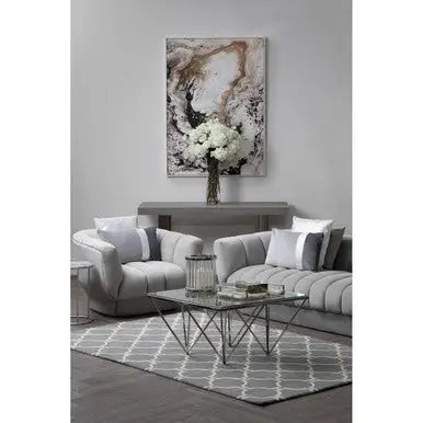 Silver Tempered Glass Coffee Table with Reflective Steel 4 Leg Base, Allure