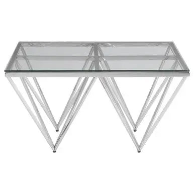 Silver Tempered Glass Coffee Table with Reflective Steel 4 Leg Base, Allure