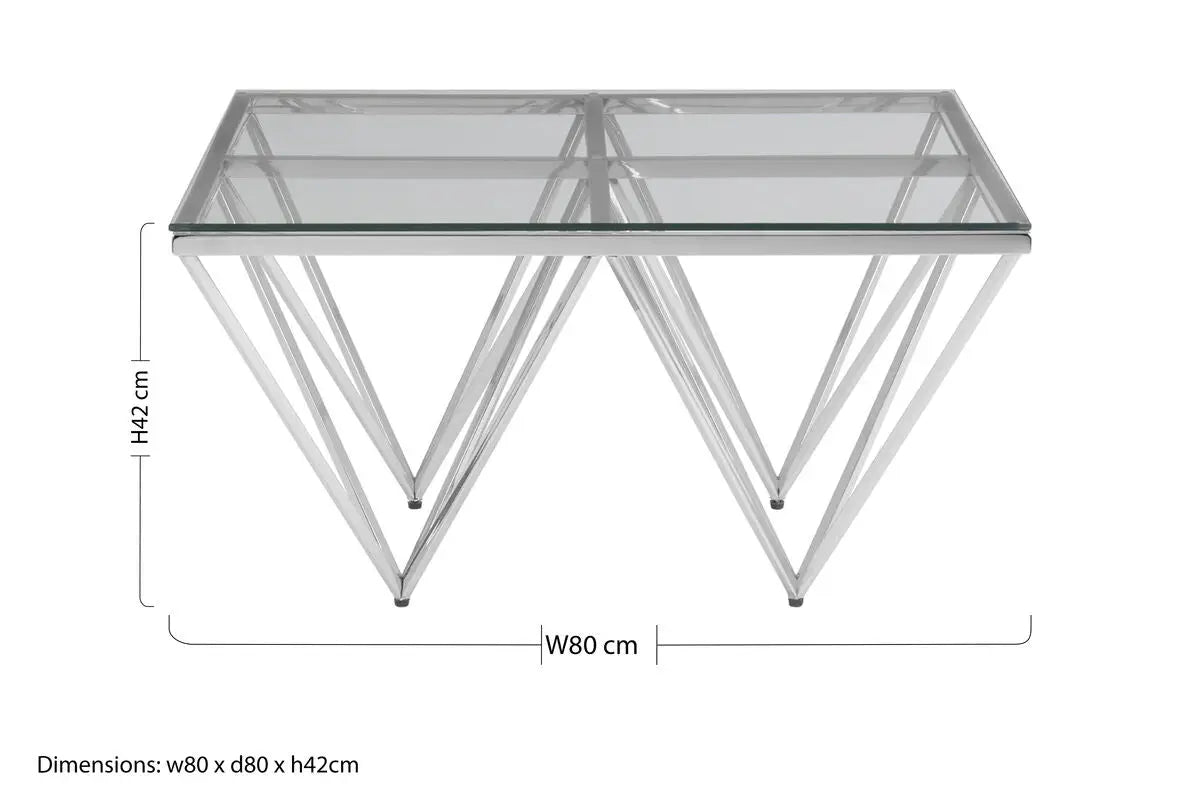 Silver Tempered Glass Coffee Table with Reflective Steel 4 Leg Base, Allure