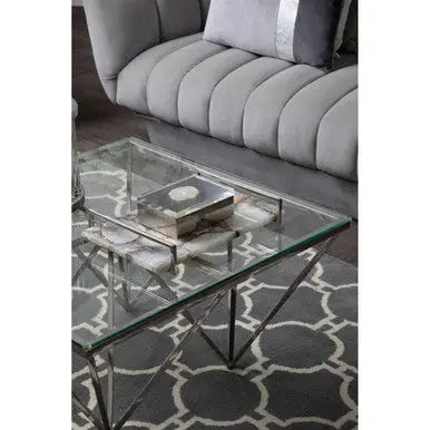 Silver Tempered Glass Coffee Table with Reflective Steel 4 Leg Base, Allure