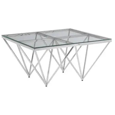 Silver Tempered Glass Coffee Table with Reflective Steel 4 Leg Base, Allure