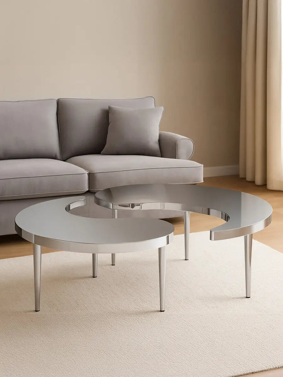 Silver Yin-Yang Stainless Steel Coffee Table with Floor Protecting Feet, Lure