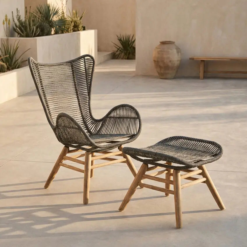 Sisal Grey Woven Rope Lounge Chair and Footstool Set