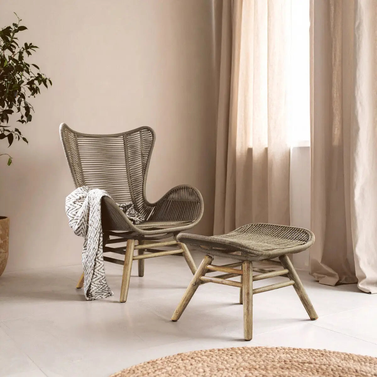 Sisal Latte Woven Rope Lounge Chair and Footstool Set