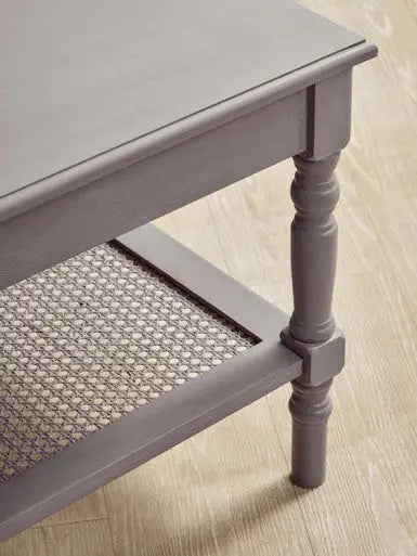 Slate Grey Wooden Coffee Table with Cane Webbed Lower Shelf and Carved Spindle Legs, Heritage