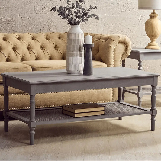 Slate Grey Wooden Coffee Table with Cane Webbed Lower Shelf and Carved Spindle Legs, Heritage