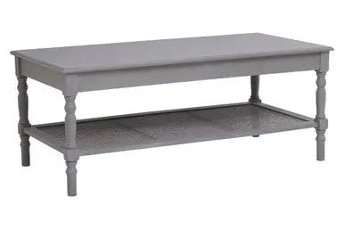 Slate Grey Wooden Coffee Table with Cane Webbed Lower Shelf and Carved Spindle Legs | Heritage