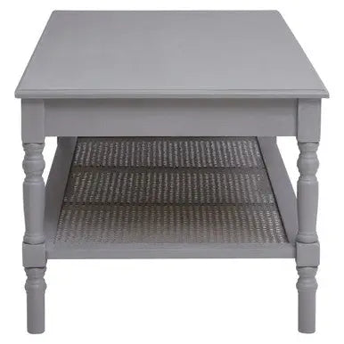 Slate Grey Wooden Coffee Table with Cane Webbed Lower Shelf and Carved Spindle Legs | Heritage