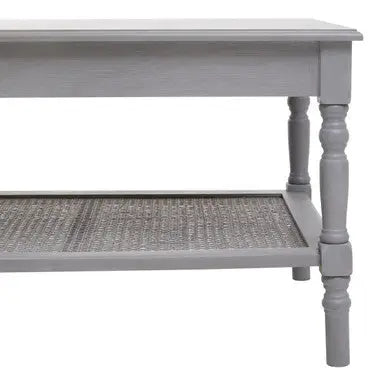 Slate Grey Wooden Coffee Table with Cane Webbed Lower Shelf and Carved Spindle Legs | Heritage