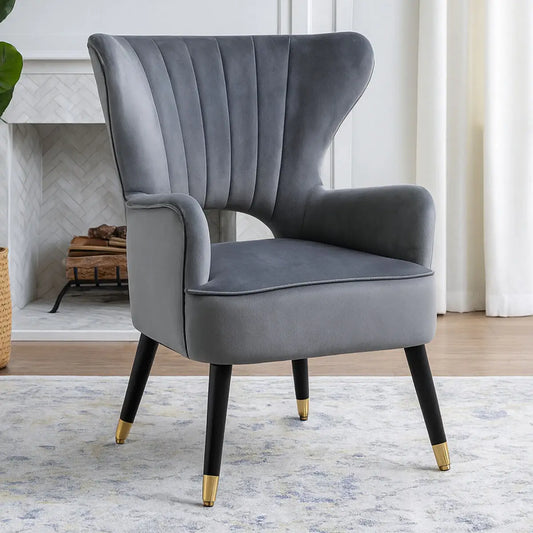 Sloan Grey Velvet Wingback Armchair with Channel Tufting