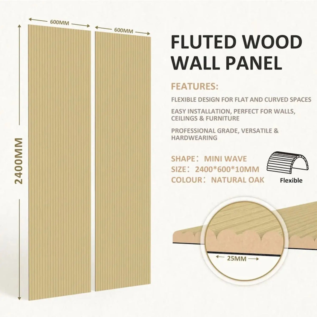 Small Fluted Mini Ribbed Wall Panels in Natural Oak - 240cm x 60cm