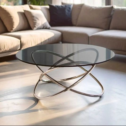 Smoked Grey Tempered Glass Top Round Coffee Table with Sculptural Stainless Steel Intertwined Base, Cassy