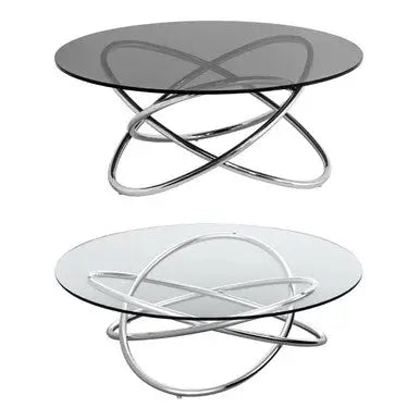 Smoked Grey Tempered Glass Top Round Coffee Table with Sculptural Stainless Steel Intertwined Base, Cassy