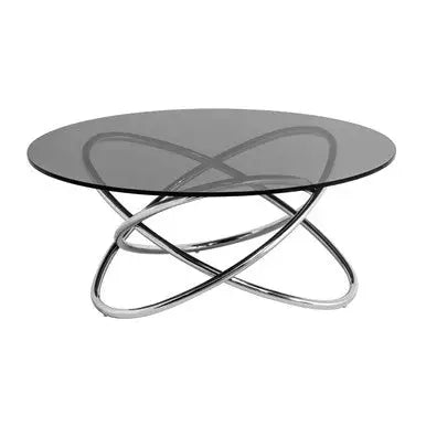 Smoked Grey Tempered Glass Top Round Coffee Table with Sculptural Stainless Steel Intertwined Base, Cassy