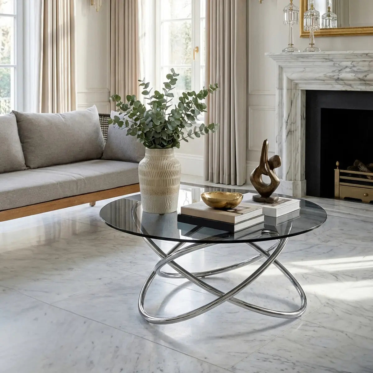 Smoked Grey Tempered Glass Top Round Coffee Table with Sculptural Stainless Steel Intertwined Base, Cassy