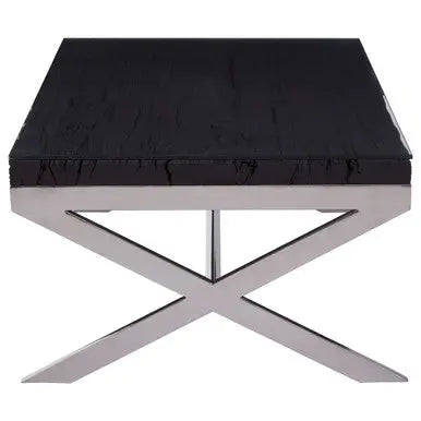 Square Black Wood and Clear Glass Top Coffee Table with Silver Cross Base, Kerala