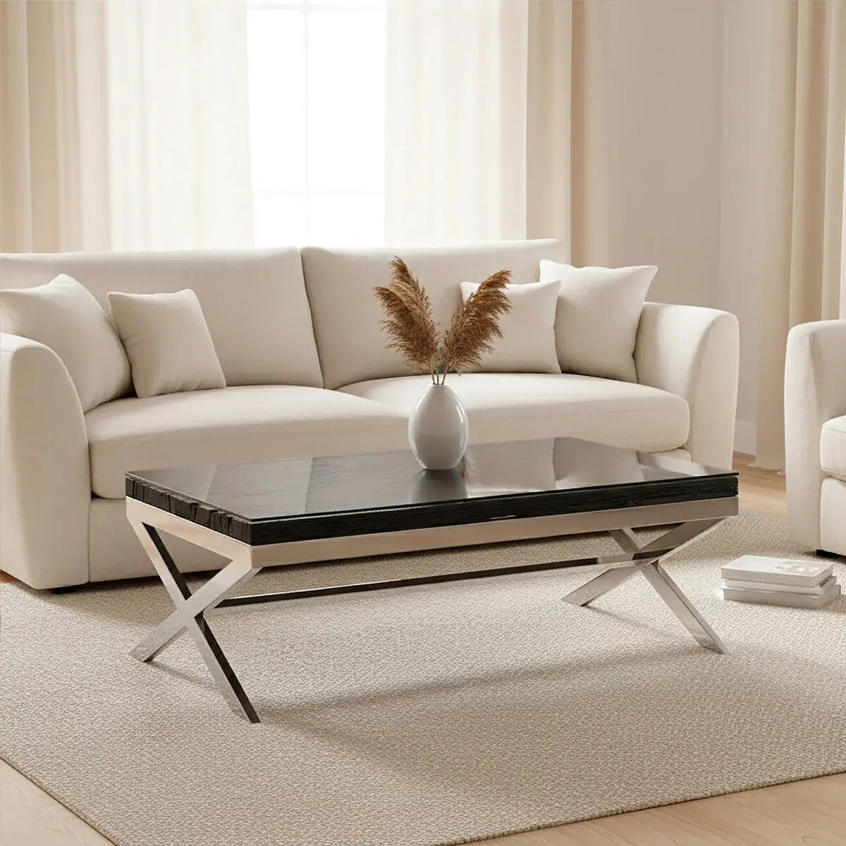 Square Black Wood and Clear Glass Top Coffee Table with Silver Cross Base, Kerala