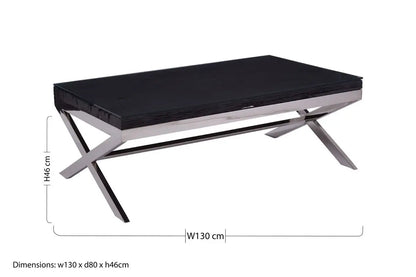 Square Black Wood and Clear Glass Top Coffee Table with Silver Cross Base, Kerala