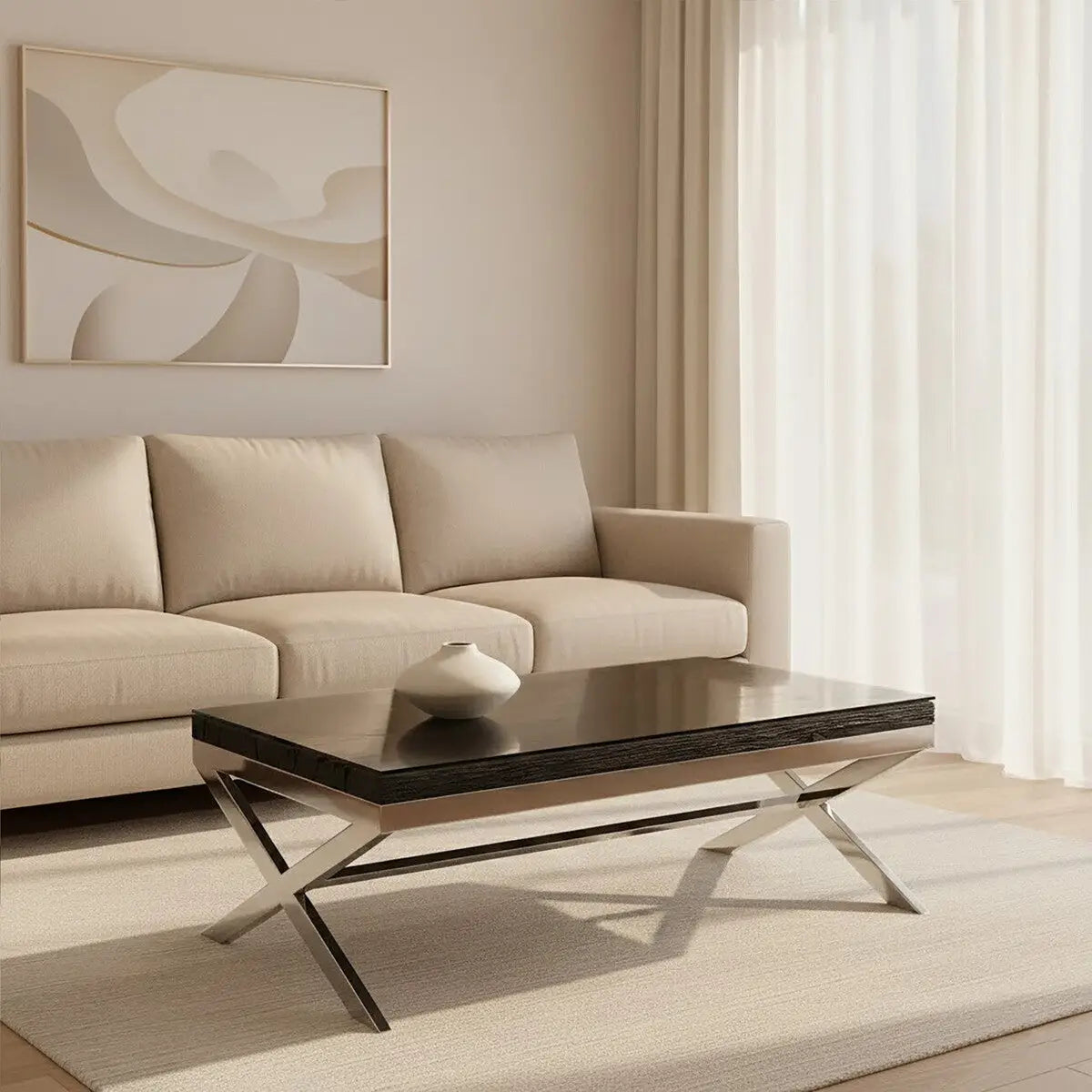 Square Black Wood and Clear Glass Top Coffee Table with Silver Cross Base, Kerala