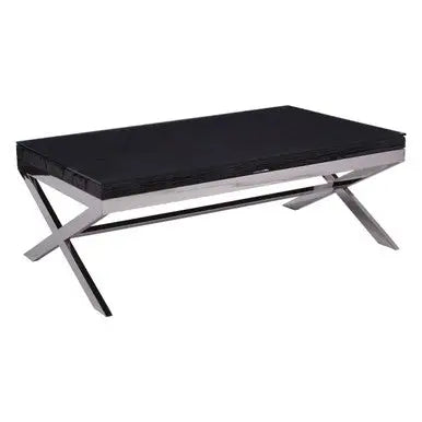 Square Black Wood and Clear Glass Top Coffee Table with Silver Cross Base | Kerala