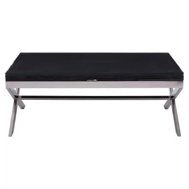Square Black Wood and Clear Glass Top Coffee Table with Silver Cross Base, Kerala