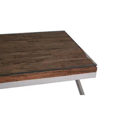 Square Natural Wood and Clear Glass Top Coffee Table with Silver Cross Base, Kerala