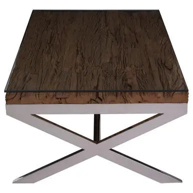 Square Natural Wood and Clear Glass Top Coffee Table with Silver Cross Base, Kerala