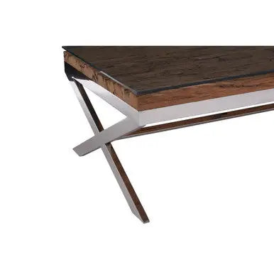Square Natural Wood and Clear Glass Top Coffee Table with Silver Cross Base, Kerala