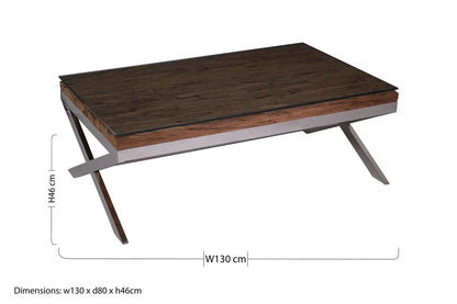 Square Natural Wood and Clear Glass Top Coffee Table with Silver Cross Base, Kerala