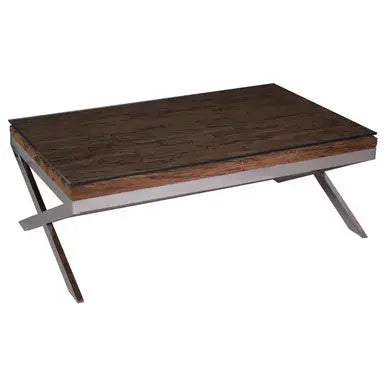 Square Natural Wood and Clear Glass Top Coffee Table with Silver Cross Base, Kerala