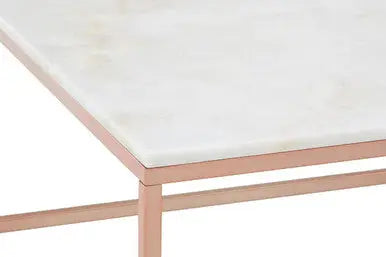 Square White Marble Top Coffee Table in Rose Gold Finish Stainless Steel Legs, Allure