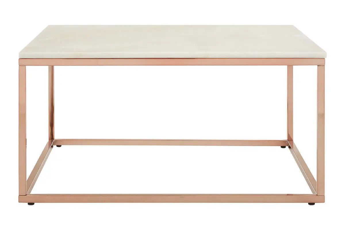 Square White Marble Top Coffee Table in Rose Gold Finish Stainless Steel Legs, Allure