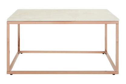 Square White Marble Top Coffee Table in Rose Gold Finish Stainless Steel Legs, Allure