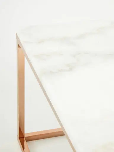 Square White Marble Top Coffee Table in Rose Gold Finish Stainless Steel Legs, Allure